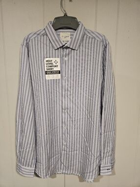C-LAB Slim Fit Blue Tan Striped 4Way Stretch Dress Shirt Large 16-1/2 34/35 NWT